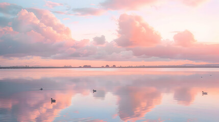 Peaceful evening at an estuary with reflections of pastel clouds in the still water and a flock of...