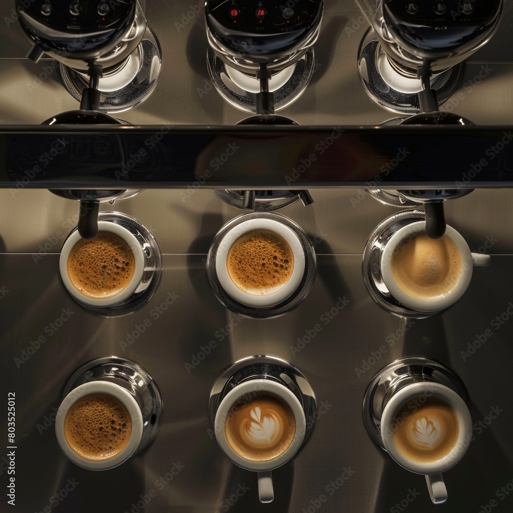 Poster symmetrical espresso machines and coffee cups pattern in monochrome aerial photo