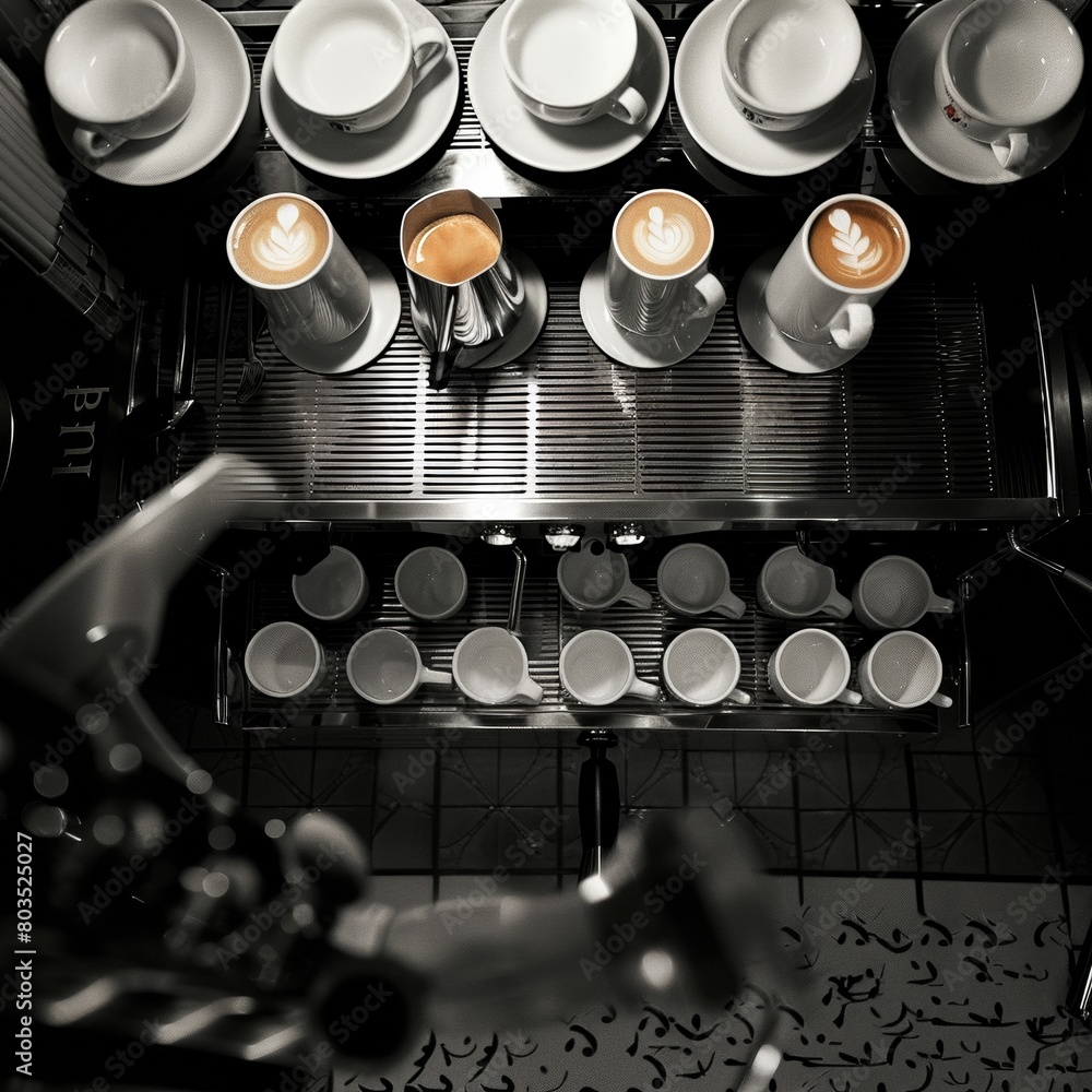 Aufkleber symmetrical aerial shot of espresso machines and cups with textured patterned background