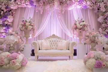 decoration for wedding. wedding ceremonies decoration. wedding hall decoration. elegant wedding stage with flowers. wedding stage decoration gold theme. Luxury wedding stage decoration.