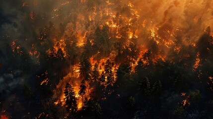 Forest fire with intense flames and smoke, aerial perspective