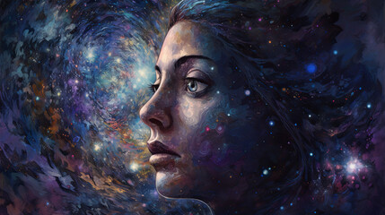 A portrait of an otherworldly traveler, adrift in the boundless expanse of the cosmos. The backdrop is a mesmerizing tableau of swirling galaxies and nebulae, painted in deep shades of indigo and viol