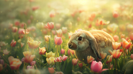 Naklejka premium A charming scene of a lop-eared hare frolicking in a field of blooming tulips, with pastel-painted eggs hidden among the flowers. Love and kindness, care and tenderness, religion a