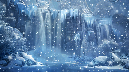 Snowy waterfall scene in a winter wonderland, icicles hanging from the cliff and snowflakes gently falling