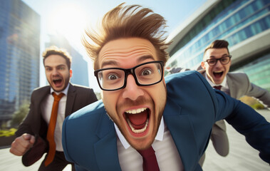 Running joyful businessman with colleagues business people having a race together in the office