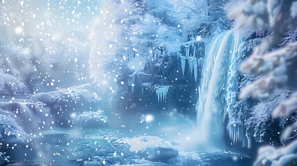 Snowy waterfall scene in a winter wonderland, icicles hanging from the cliff and snowflakes gently...