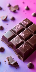 Exquisite Dark Chocolate Bar with Shavings on Vibrant Purple Background - Indulgent Sweet Treat Concept