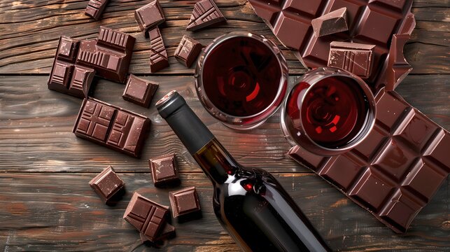 Cozy evening with dark chocolate bars and red wine on a rustic wooden background. Indulgent treats for a relaxing night in. Simple and elegant presentation for gastro delights. AI