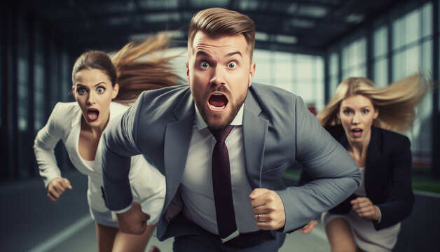 Running joyful businessman with colleagues business people having a race together in the office