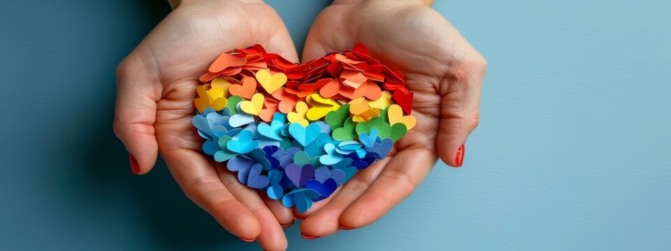 Pride heart LGBT love rainbow hand flag gay homosexual LGBTQ. Pride LGBT heart background people day concept month woman community transgender sign support blue discrimination peace lesbian march good
