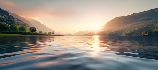 Sunrise over a serene bay, with soft light illuminating the gentle ripples on the water's surface,...