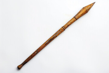 A javelin, its wooden shaft weathered by years of use, leaning against a pristine white background.