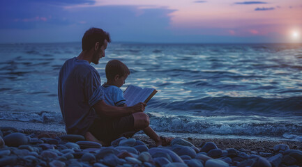 Fototapeta premium A father and a boy are sitting on the beach reading a book, tales or a Bible