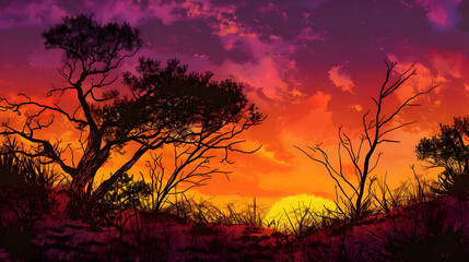 Sunset at the scrubland, with silhouettes of scrub bushes against a vibrant orange and purple sky