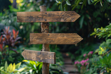 Rustic wooden signpost with directional arrows