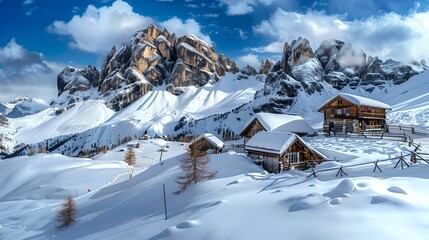 Fototapeta premium Serene Winter Mountain Landscape with Snowy Chalets under Blue Sky. Perfect for Holiday Retreats and Ski Vacations. Captivating Scenery for Postcards. AI