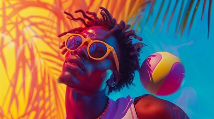African American man with dreadlocks, wearing sunglasses and playing beach ball against a colorful summer background in bright colors pop art, palm tree shadow in the background, hip hop aesthetics