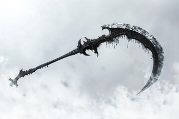 A lone battle scythe, its blade shimmering with deadly intent against the purity of white.