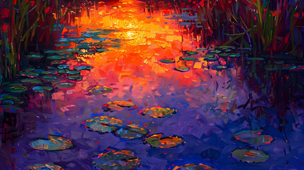Sunset over a wetland with the sky painted in vibrant oranges and purples, reflecting in the water interspersed with lily pads