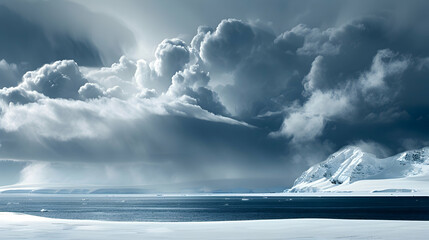 The dramatic contrast of a dark Antarctic storm cloud looming over a bright, snow-covered landscape, captured in high definition - Powered by Adobe