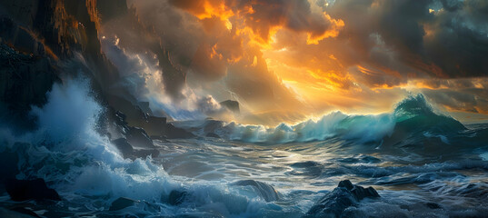 The fierce spray of the ocean as waves crash against rugged cliffs, captured in high detail,...