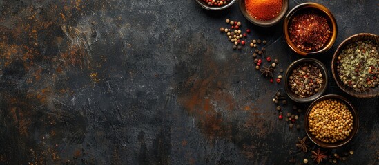 Different types of spices in bowls placed on a dark concrete surface. Overhead view with room for text.
