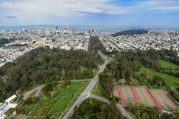 Golden Gate Park and the panhandle park and the city skyline, San Francisco, California, United...
