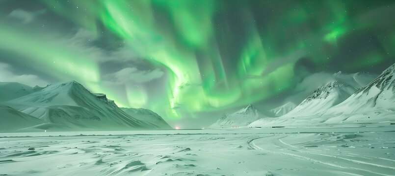 The Northern Lights (Aurora Borealis) vividly dancing over a snowy Arctic tundra, shot with high dynamic range to capture the colors vividly