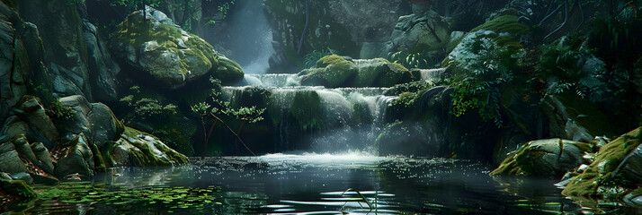 The peaceful flow of a small lake feeding into a gentle waterfall, surrounded by rocks and moss in...