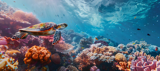 The serene moment when a sea turtle glides past a vibrant coral garden, its shell contrasting...
