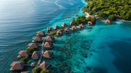 Island Getaway: Aerial Photography of Touristic Bungalows in Island - obrazy, fototapety, plakaty