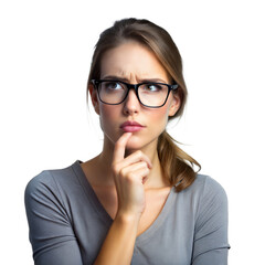 Pensive Young Woman With Glasses Looking Upward on a Transparent Background