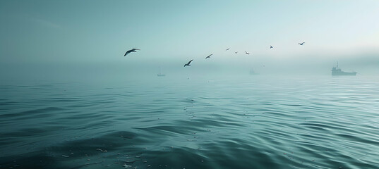 Naklejka premium The tranquil waters of a continental shelf in early morning mist, with seabirds flying low and fishing boats in the distance