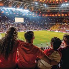 Sport match. Football, soccer fans cheering with colorful scarfs at crowded stadium at evening time. Sport, cup, world, team, event, competition. High quality AI generated image