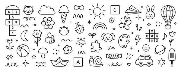 Cute kids elements, preschool kindergarten doodle icons set. Daycare, children drawings, flower, rainbow, cloud, sun, heart in sketch style. Hand drawn vector illustration isolated on white background
