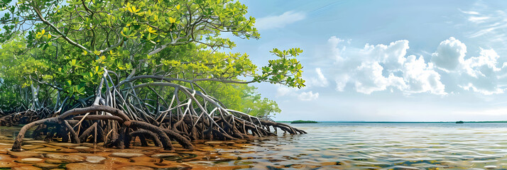 The vibrant ecosystem of a coastal delta during high tide, showing diverse bird species and dense mangroves
