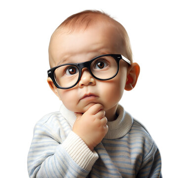 Curious Toddler With Glasses Pondering Over Something Against Transparent Background