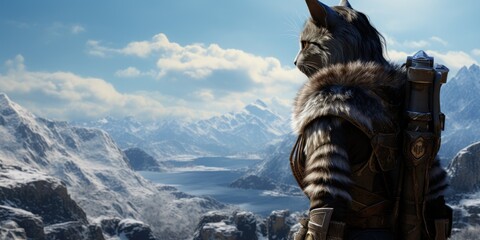 Fototapeta premium Majestic fantasy cat warrior overlooking snowy mountain landscape