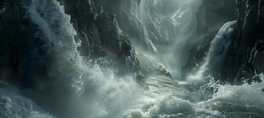 Torrential river rapids rushing through a narrow canyon, spray rising, showcasing the raw power of...