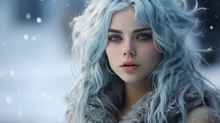 Enchanting winter portrait of a woman with icy blue hair