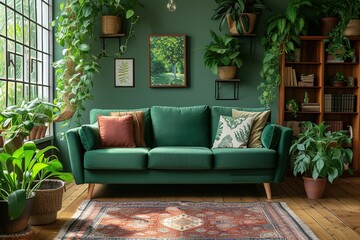 Interior of living room with green houseplants and sofas,