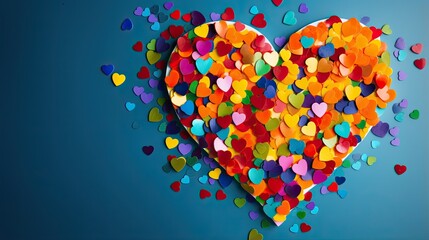 Colorful heart-shaped confetti on blue background