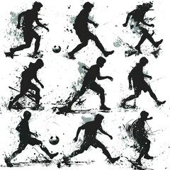 Mosaic of movements. Collage made of shots of one soccer player with ball in motion, action background. Attack, defense, fight, kick. Man in red football kits. High quality AI generated image
