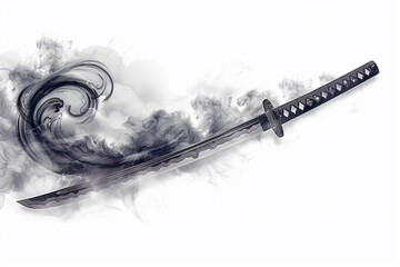 A mystical katana with a blade adorned with swirling clouds, isolated on solid white background.