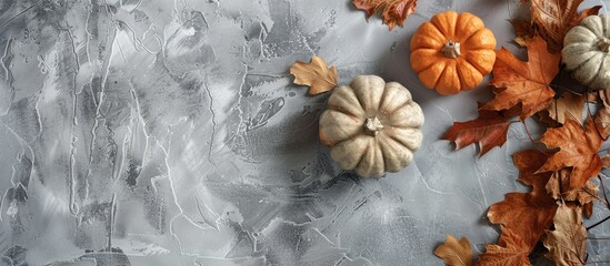 Autumn arrangement featuring pumpkins and dried leaves on a soft gray backdrop. Capturing the essence of autumn, fall, and Halloween. Presented in a flat lay style with a top-down view, square format,