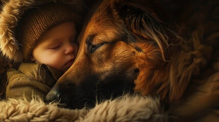 sleeping baby in furs with his beloved friend