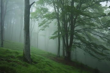 enchanting misty morning forest atmospheric landscape