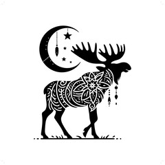 Moose silhouette in bohemian, boho, nature illustration
