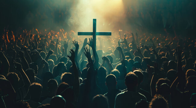 Large crowd of people praying to god and Jesus in front of the Cross