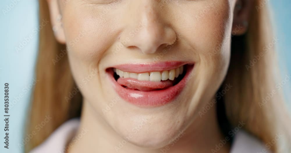 Sticker Woman, teeth and tongue in studio closeup with playful smile, oral wellness and hygiene by blue background. Girl, person or model with dental healthcare, mouth and show results with change for tooth